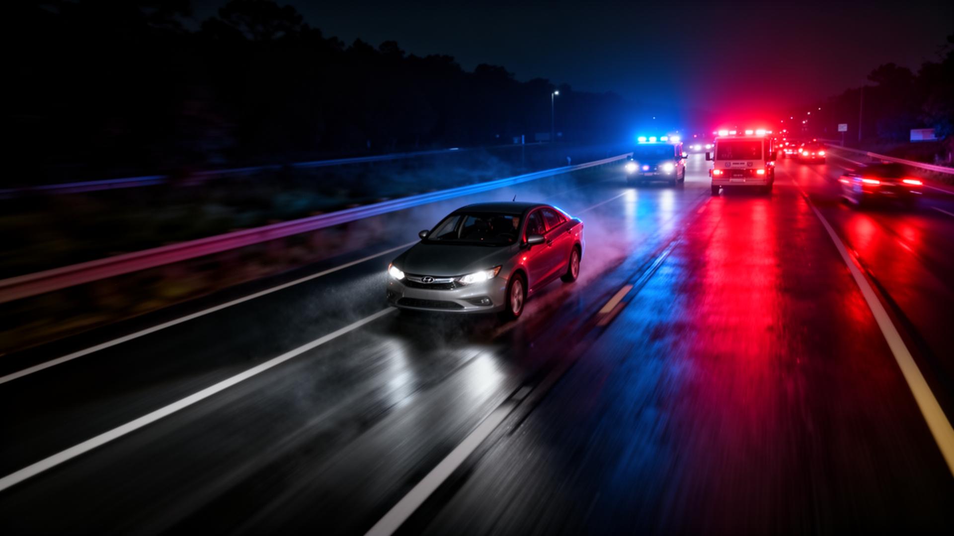 Nighttime highway with emergency lights in the distance, illustrating how one road mistake expands to affect many others