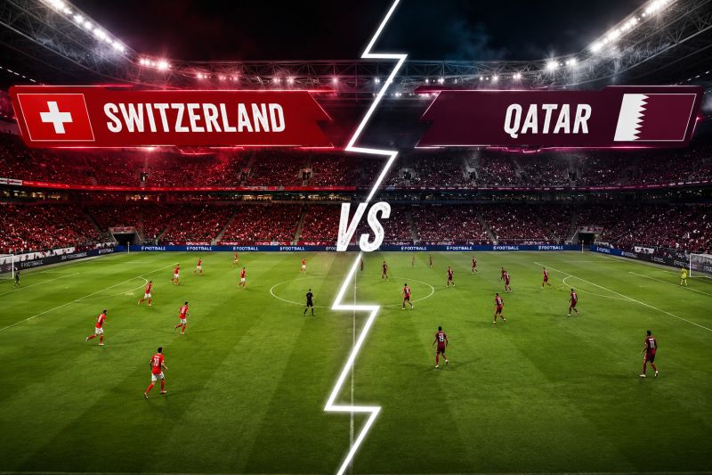 Switzerland vs Qatar 2026 FIFA World Cup match graphic over a packed stadium
