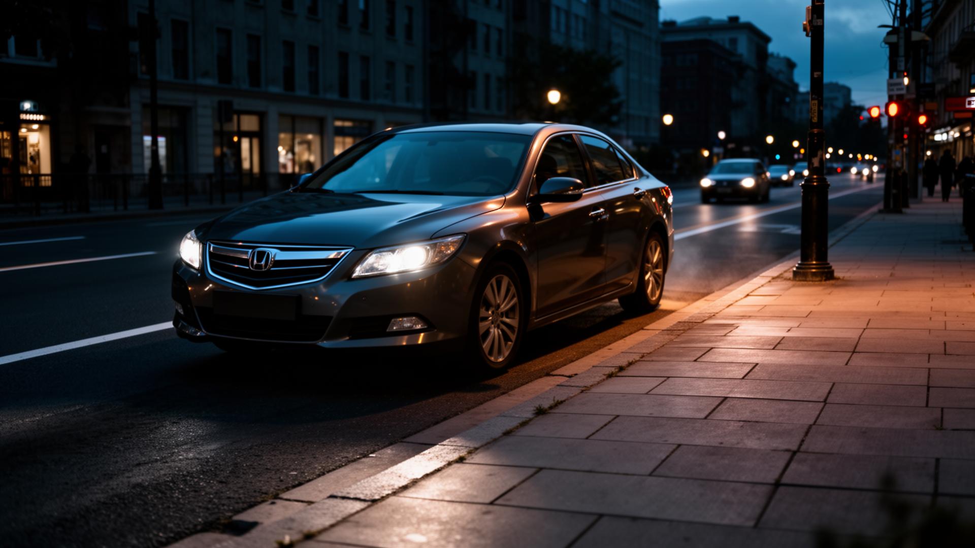 A car turning left onto a sidewalk at dusk, illustrating the boundary between road and pedestrian space